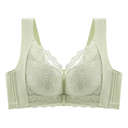 "Sage green lace bra with front clasp and adjustable no-wire support on display"