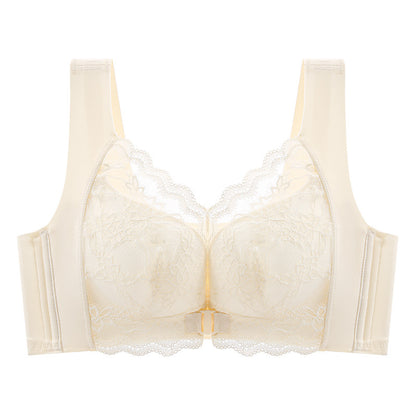 "Ivory lace front-closure bra with anti-sagging design hanging on wall"