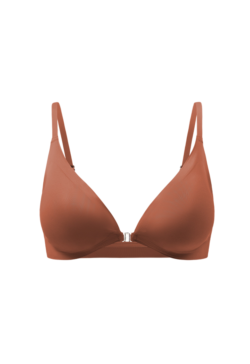 "Seamless caramel brown front-open bra with soft padding for a smooth silhouette"