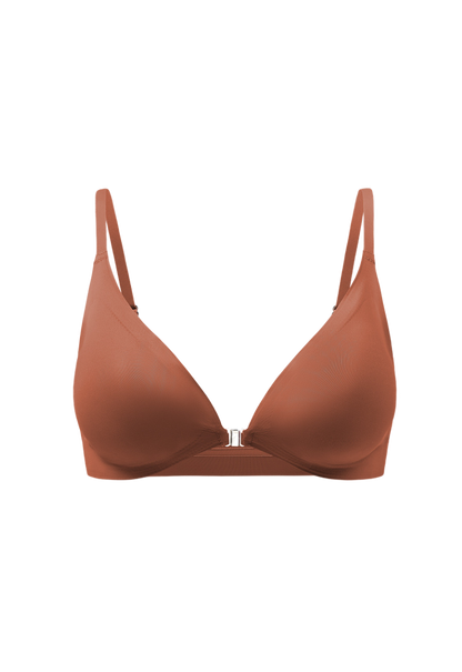 "Seamless caramel brown front-open bra with soft padding for a smooth silhouette"