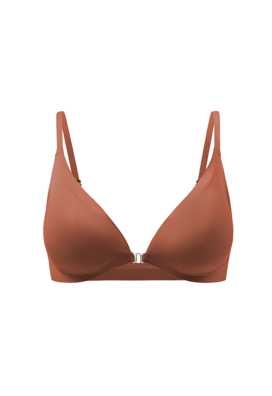 "Seamless caramel brown front-open bra with soft padding for a smooth silhouette"