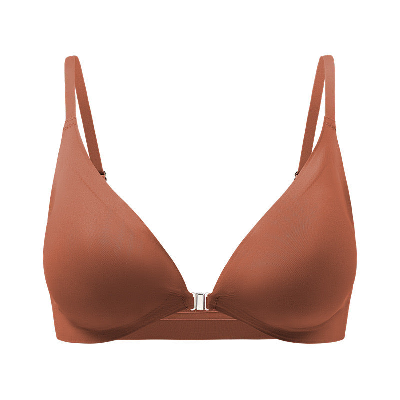 "Seamless caramel brown front-open bra with soft padding for a smooth silhouette"