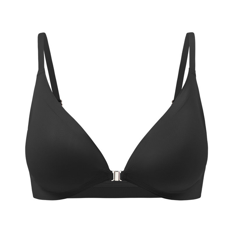 "Elegant black front-clasp bra with seamless ice silk fabric and discreet padding"