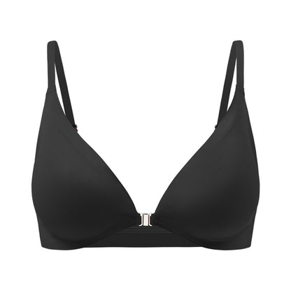 "Elegant black front-clasp bra with seamless ice silk fabric and discreet padding"