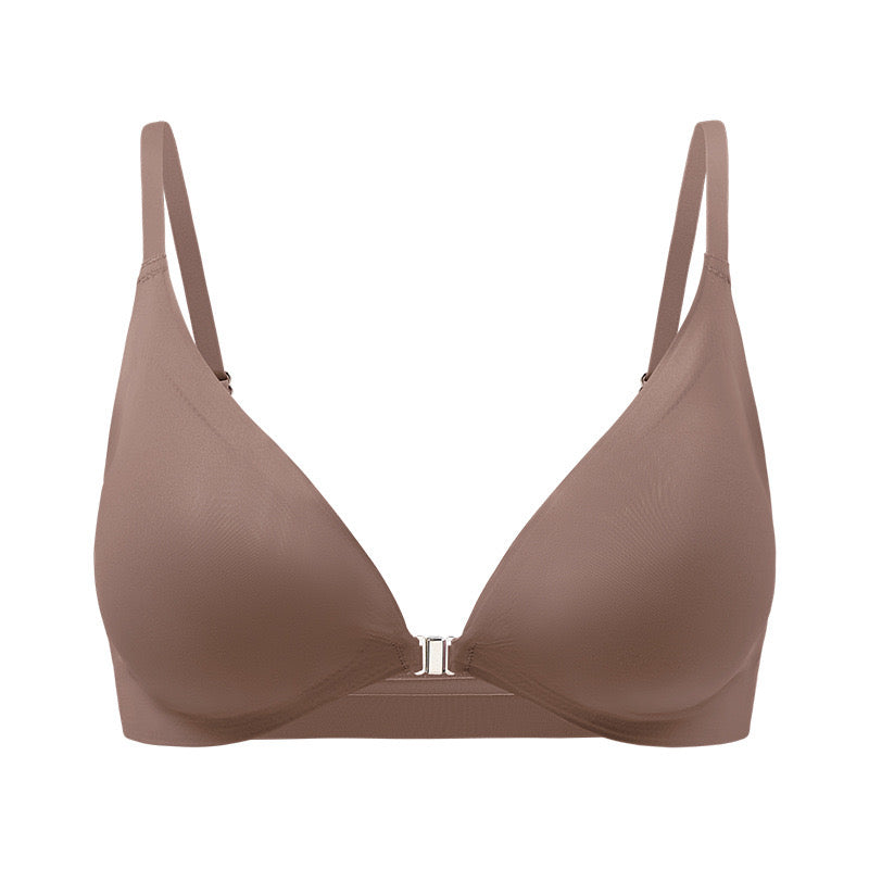 "Front view of seamless taupe no-wire bra with front clasp and padded cups on hanger"