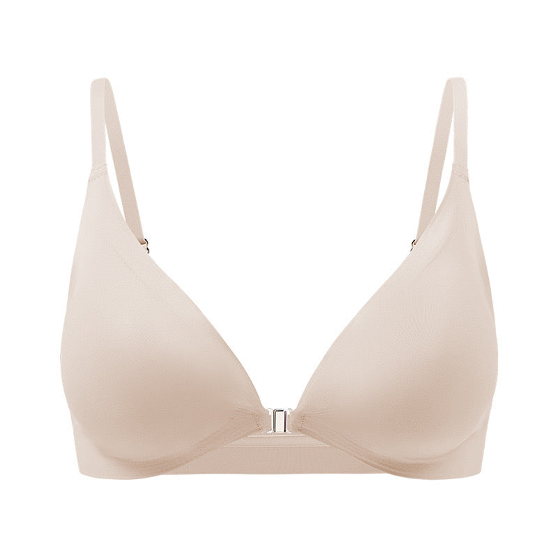 "Elegant nude front-clasp bra with seamless ice silk fabric and discreet padding"