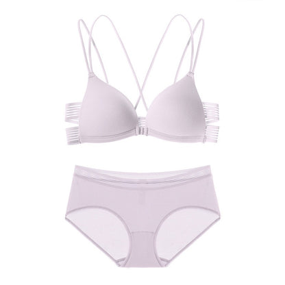 "Soft lilac ultra-thin bra and panty set with front buckle and elegant back straps"