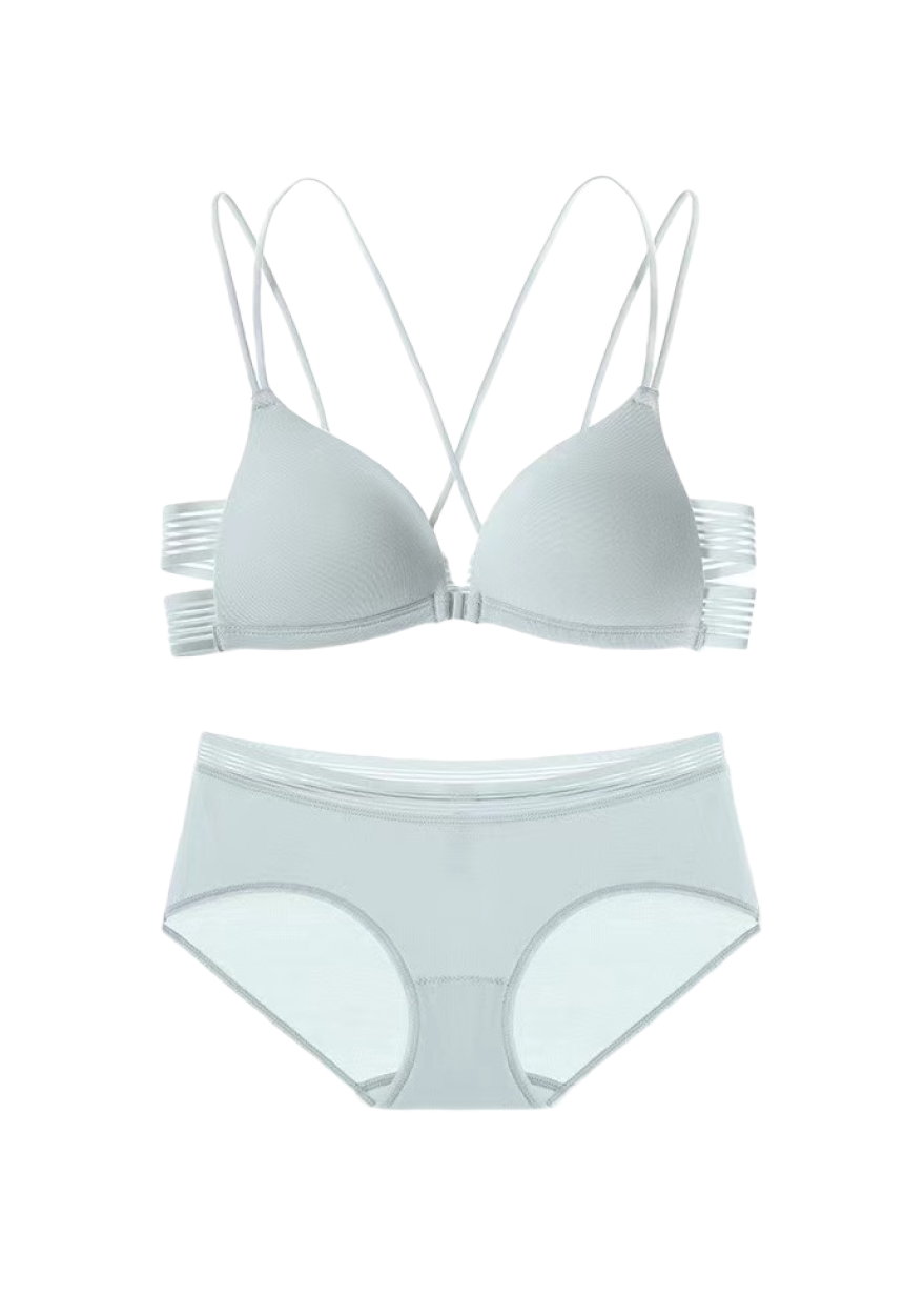 "Light gray front-clasp bra with multi-strap back design and matching briefs on a white background"