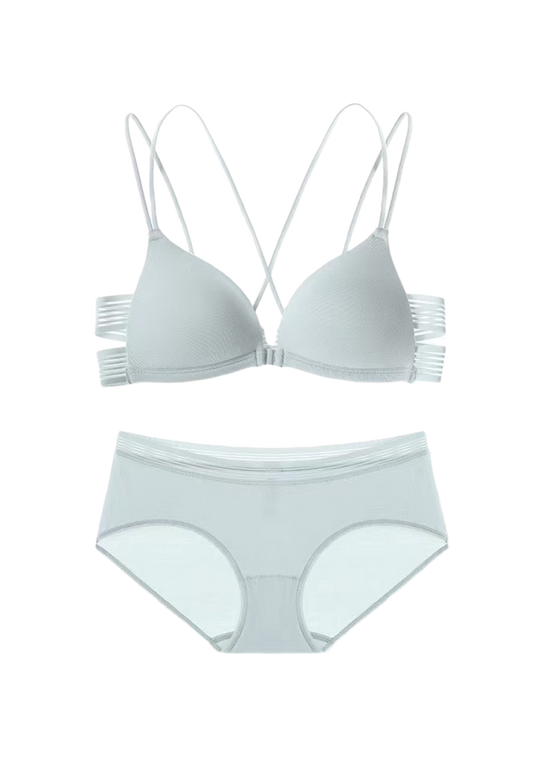 "Light gray front-clasp bra with multi-strap back design and matching briefs on a white background"