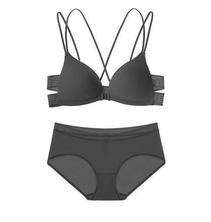 "Classic black front-closure bra set with strappy back detail and thin matching panties"