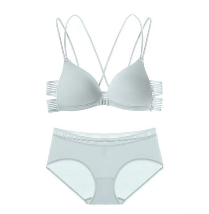 "Light gray front-clasp bra with multi-strap back design and matching briefs on a white background"