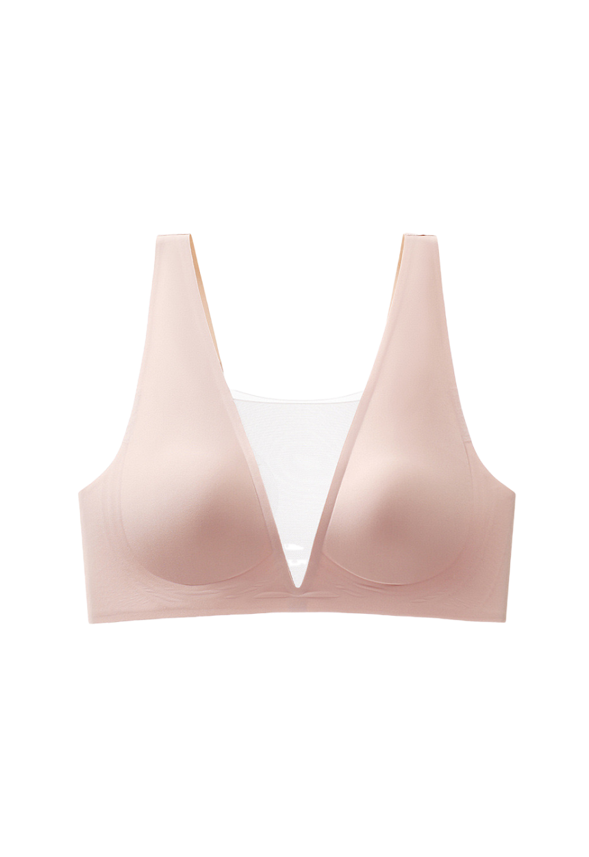 "Minimalist light pink V-mesh comfort bra, combining style and breathability"