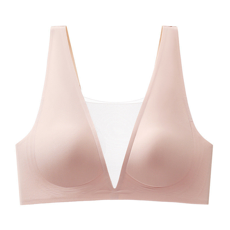 "Minimalist light pink V-mesh comfort bra, combining style and breathability"