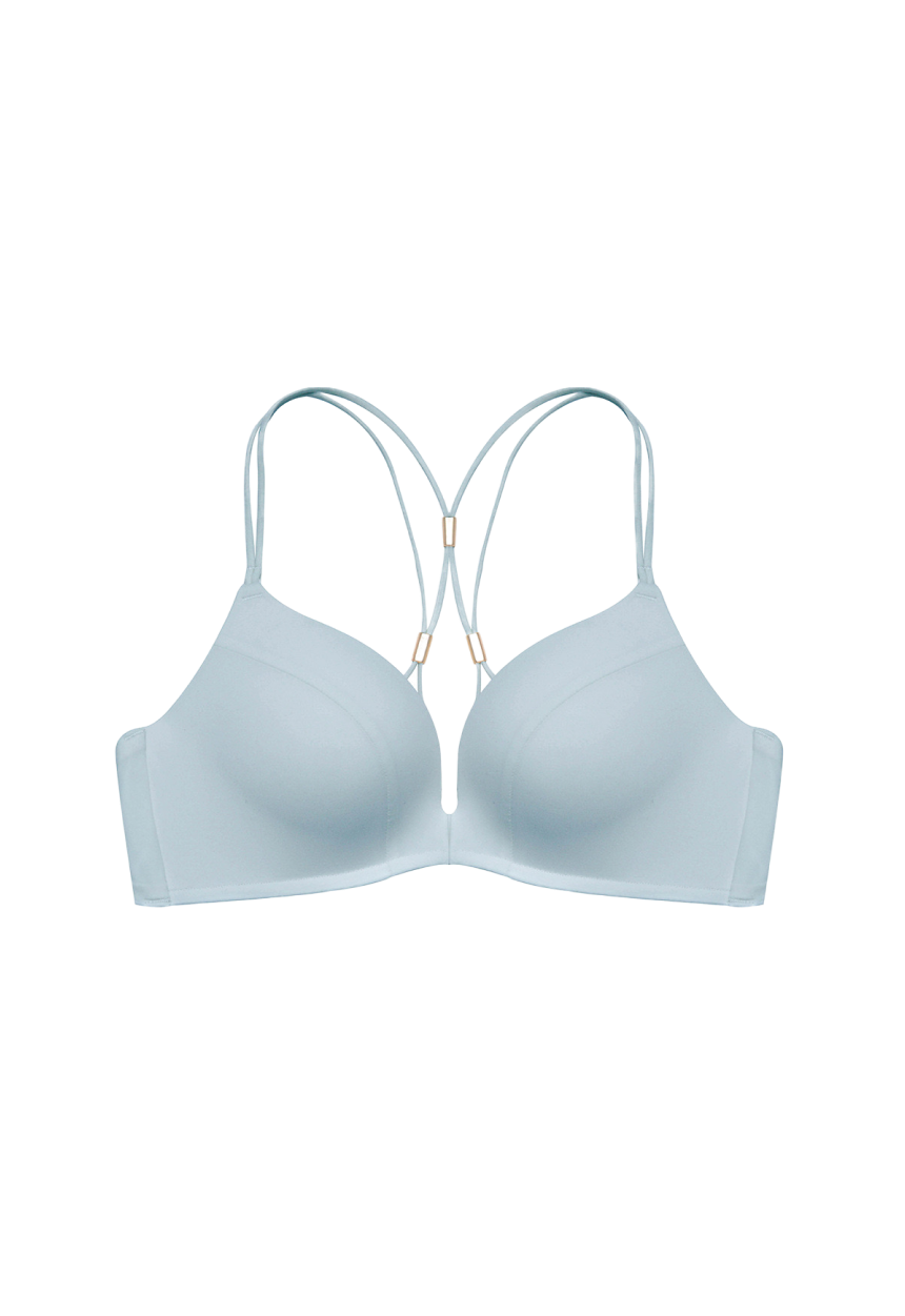 "Sleek light blue smooth bra with a front-open clasp and distinctive multi-strap back design"