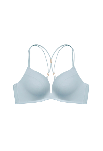 "Sleek light blue smooth bra with a front-open clasp and distinctive multi-strap back design"