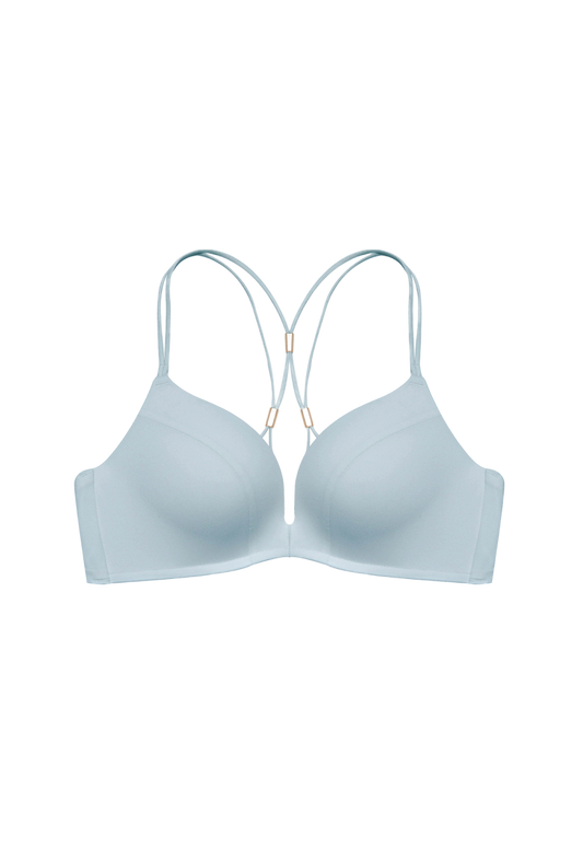 "Sleek light blue smooth bra with a front-open clasp and distinctive multi-strap back design"