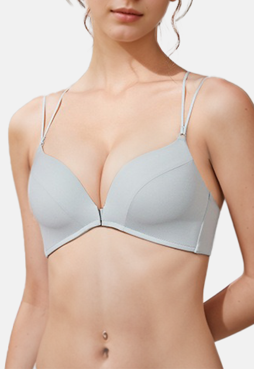 "Light blue seamless bra with a front clasp and multi-strap back design, providing both comfort and style"