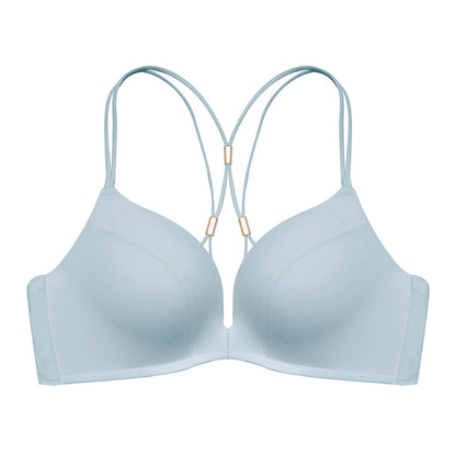 "Sleek light blue smooth bra with a front-open clasp and distinctive multi-strap back design"