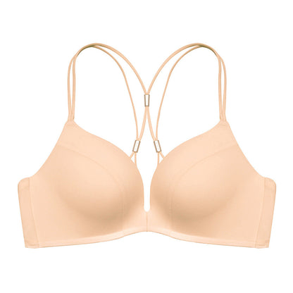 "Nude seamless bra with a front clasp and multi-strap back design, providing both comfort and style"