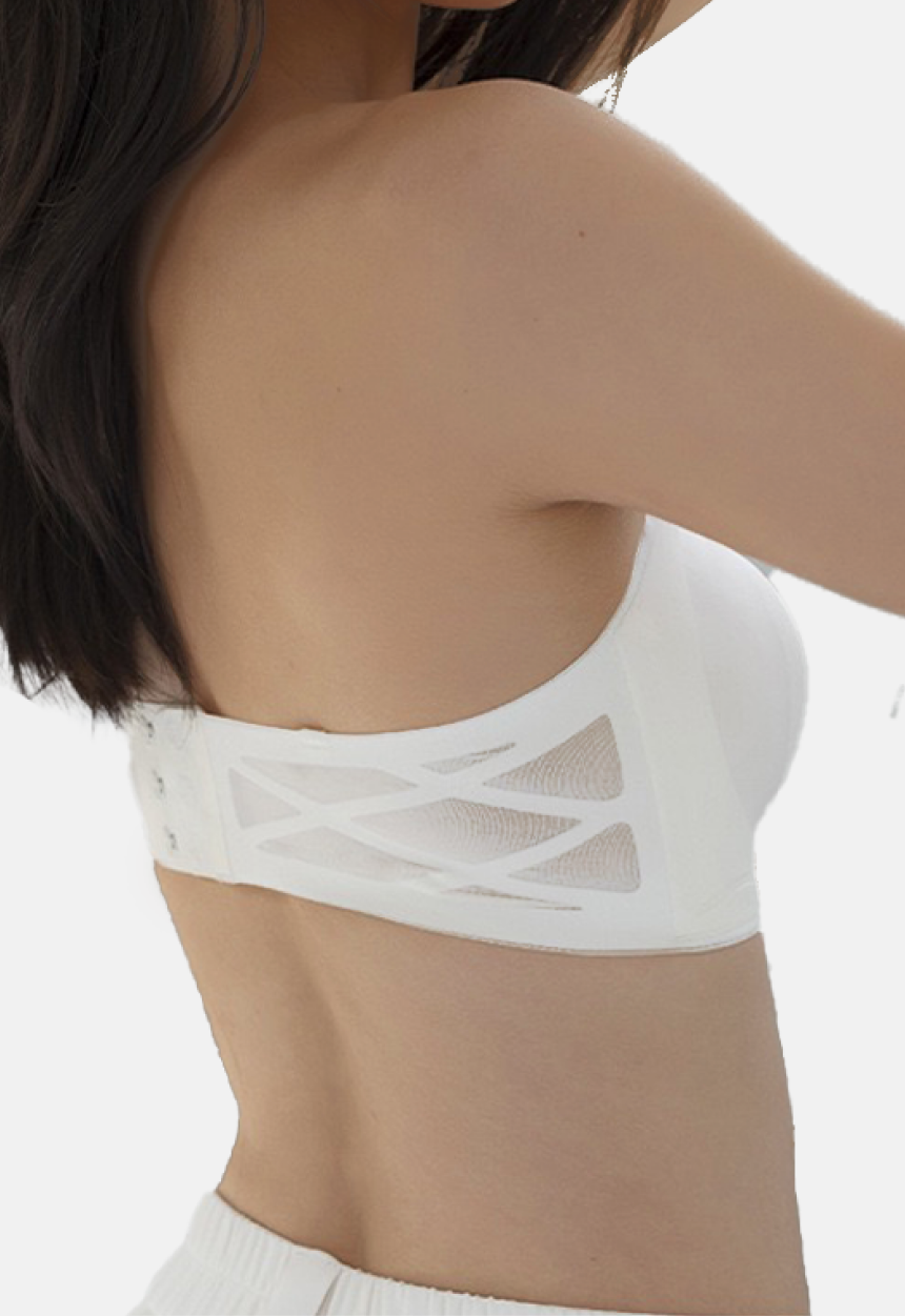 "Rear view of a strapless white ice-silk bra with intricate back support design, combining elegance with comfort"