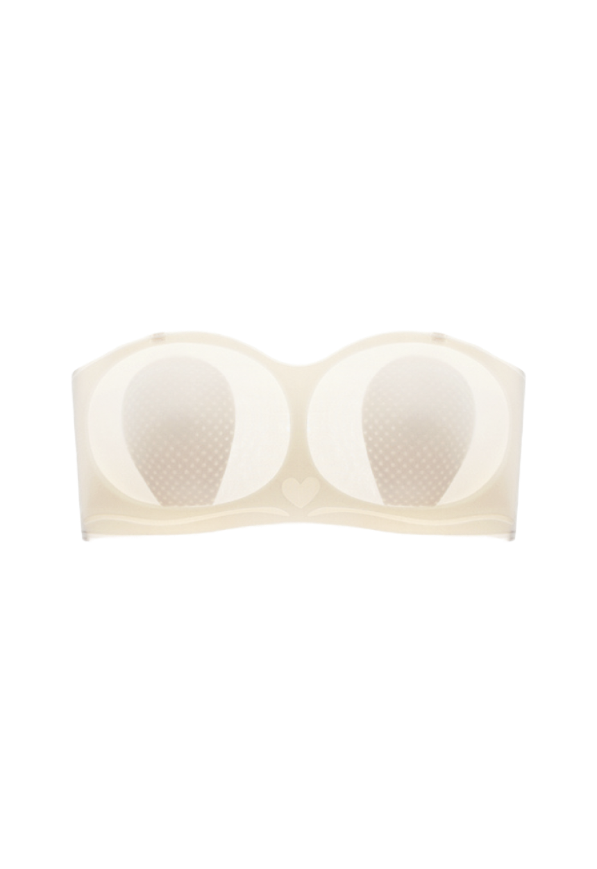 "Strapless nude ice-silk bra with a heart-shaped adhesive for secure, slip-free support"