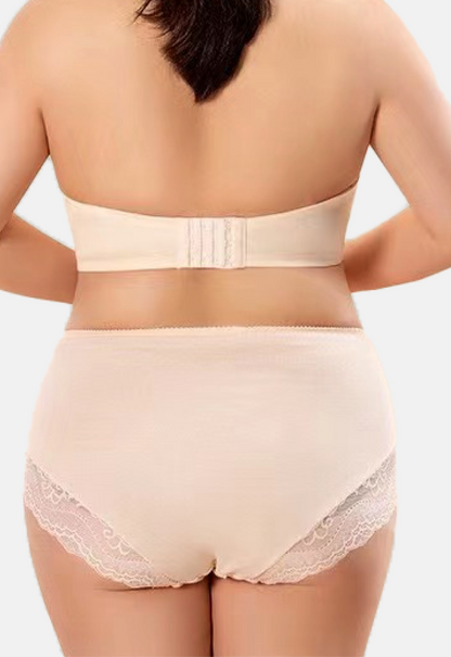 "Back view of a plus-size strapless bra in beige showcasing the wide band and clasp detail"