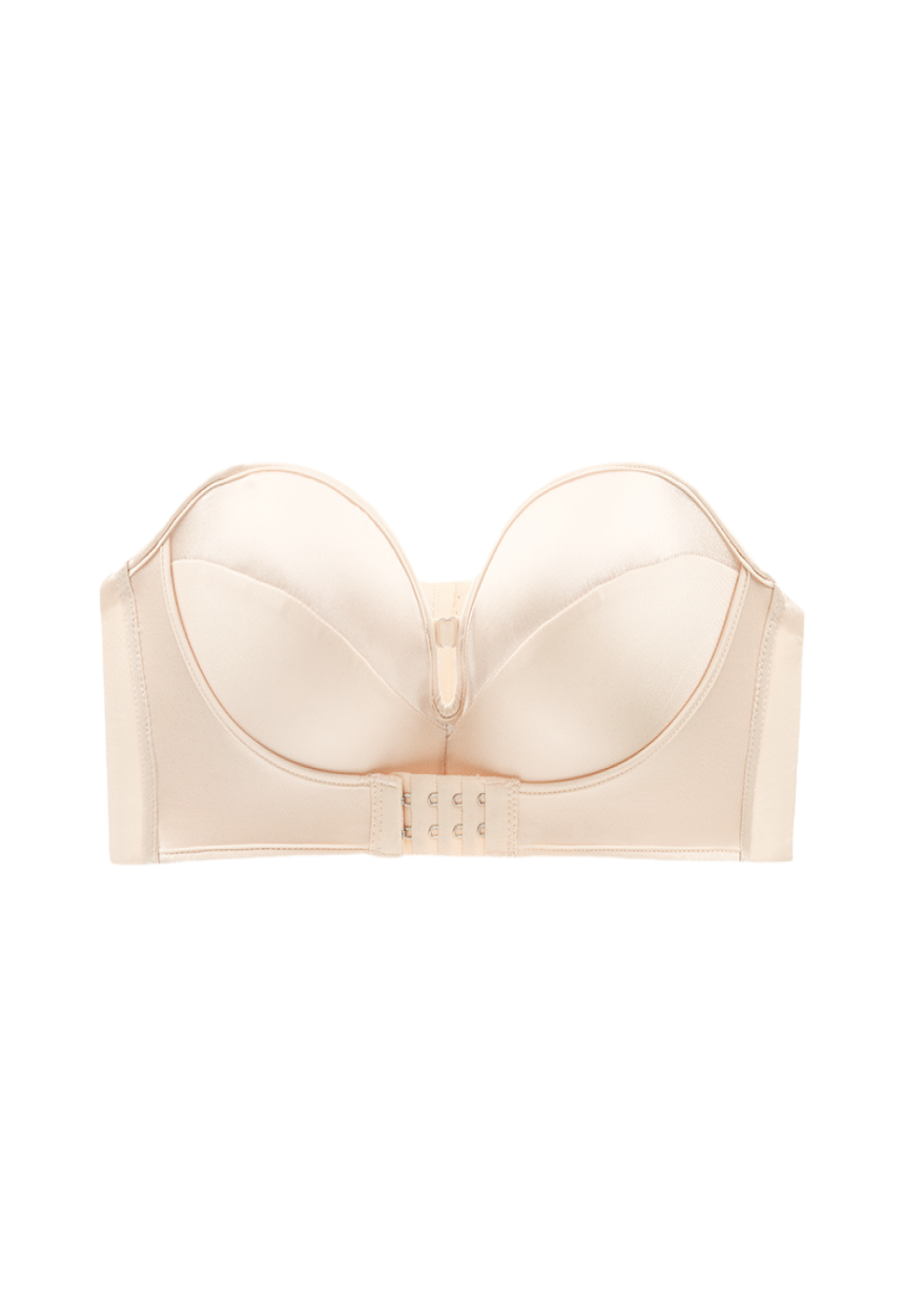 "Close-up of a plus-size beige strapless bra with a front clasp and non-slip design"