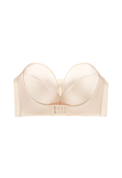 "Close-up of a plus-size beige strapless bra with a front clasp and non-slip design"