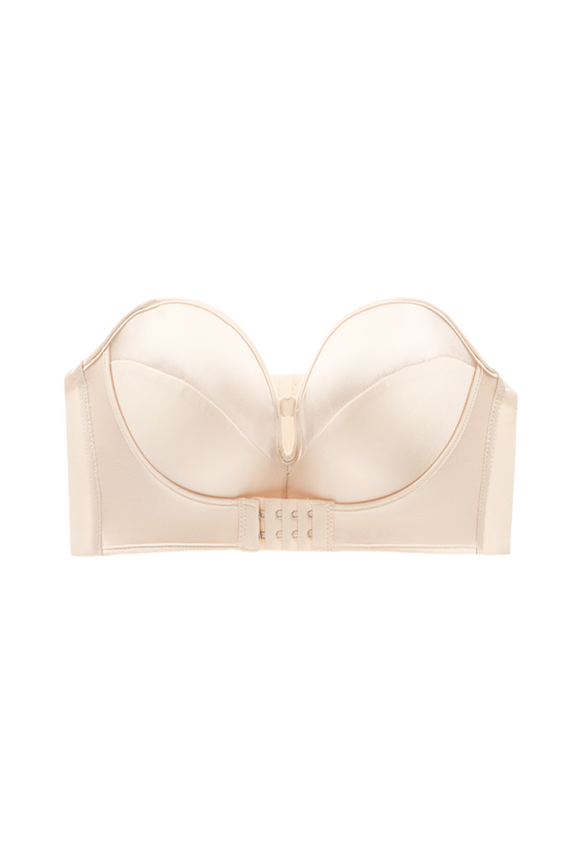 "Close-up of a plus-size beige strapless bra with a front clasp and non-slip design"