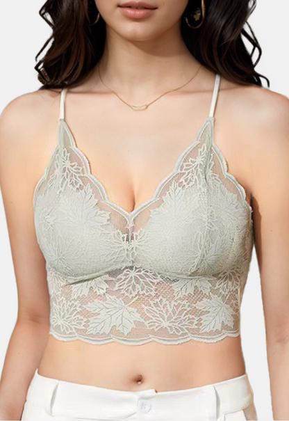 Stylish sage green lace bralette with scalloped hem and sheer fabric detail.