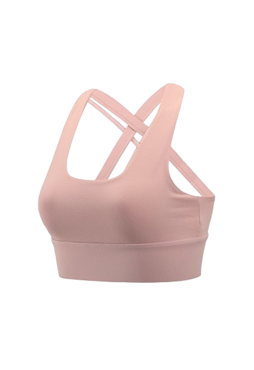 A pink women's sports bra top with a cross-over design, u neck, removable padding, and perfect for yoga.