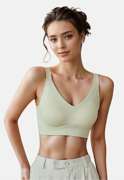 Model wearing a light tank top bra with strong support and broad band. designed for plus size women